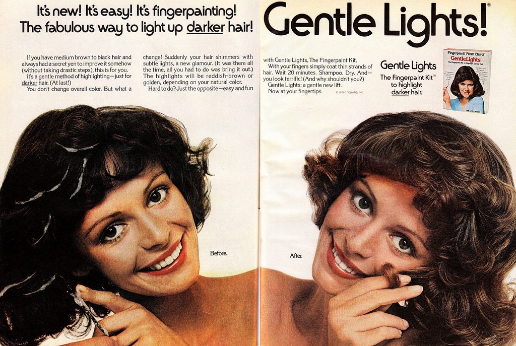 photo credit: 1977 Beauty Ad, Clairol Gentle Lights Hair Finger Painting Kit (2-page advert) via photopin (license)